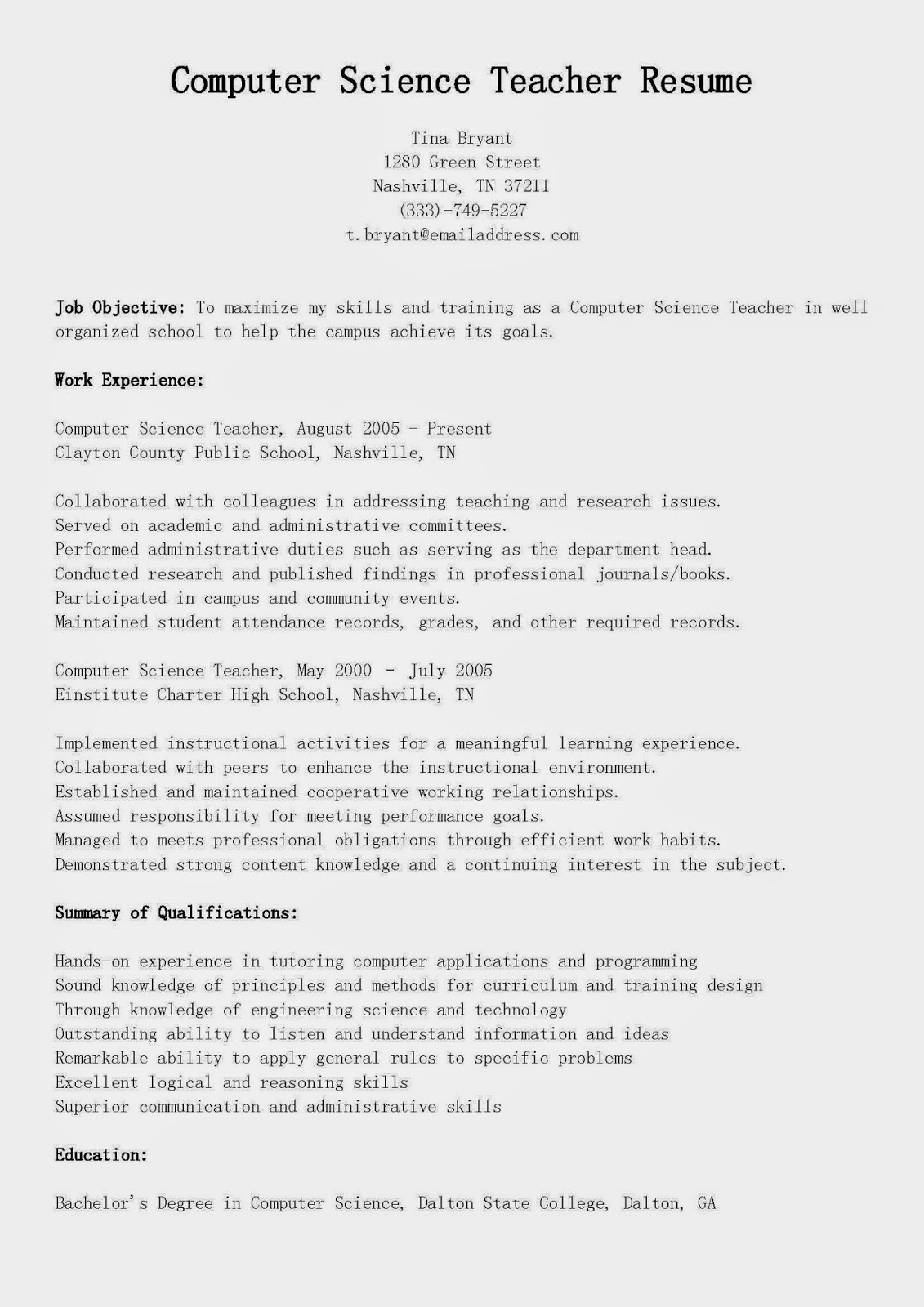 Sample resume format lecturer computer science